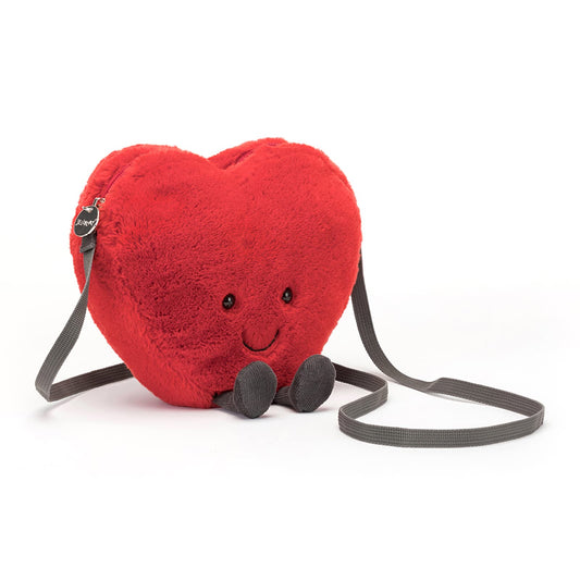 Jellycat Amuseables Heart Plush Bag front view with soft scarlet fur, ideal for daily carry