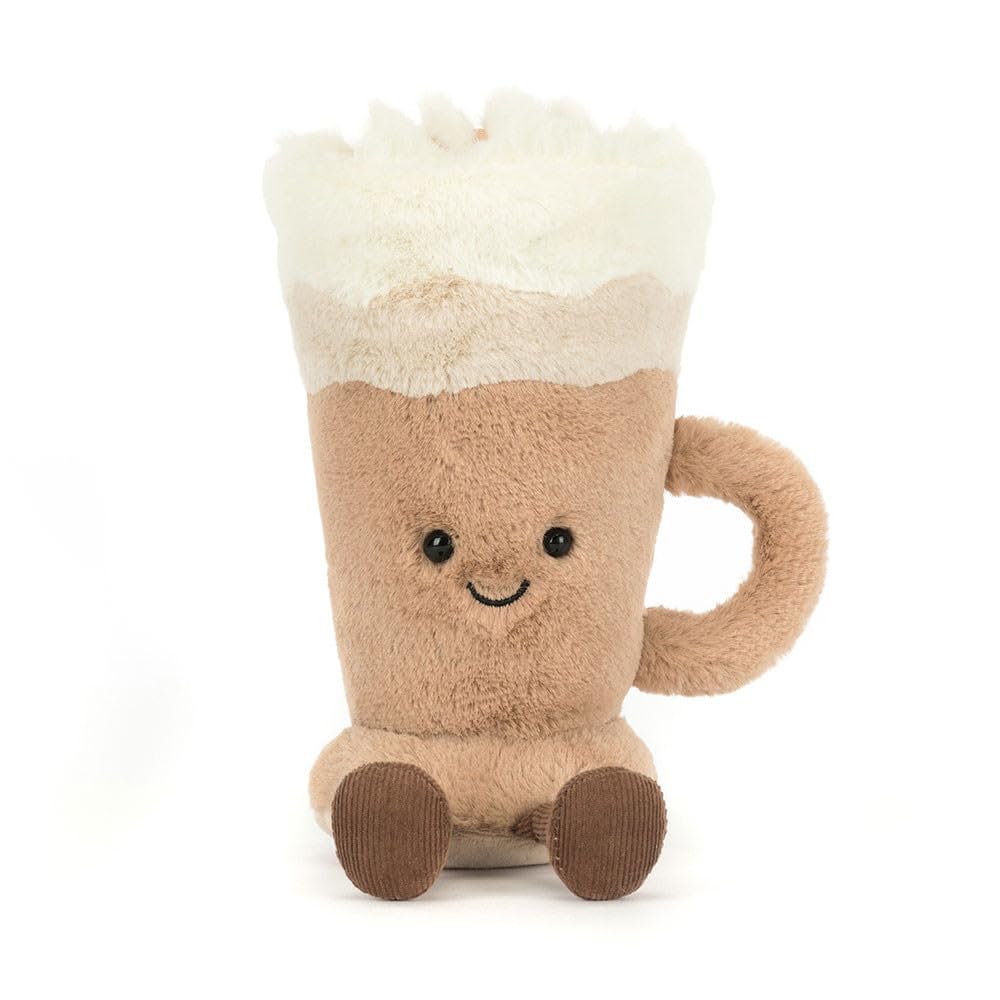 Jellycat Amuseables Latte holding a cup, playful cafe-themed storytelling prop.