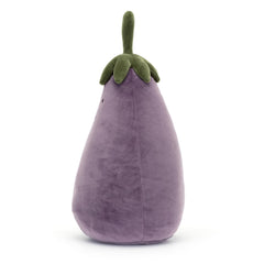 Jellycat Aubergine plush wearing a green stalk hat for playful dressing.