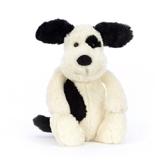 Jellycat Bashful Black and Cream Puppy full view highlights soft fur and friendly expression
