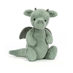 Jellycat Bashful Dragon 12-inch plush with soft sage-green fur for cozy hugs.
