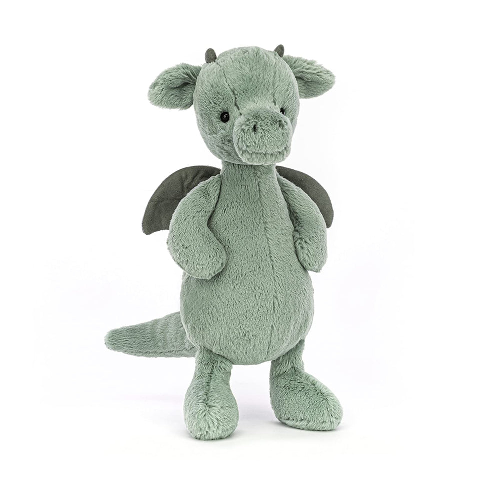 Jellycat Bashful Dragon cuddles safely for gentle playtime.