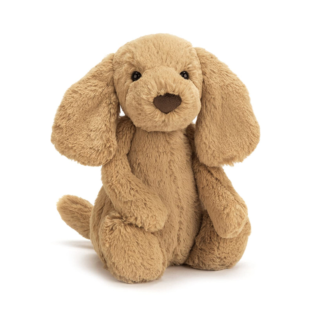 Jellycat Bashful Toffee Puppy full-body view shows a soft, cuddly companion ideal for hugs.
