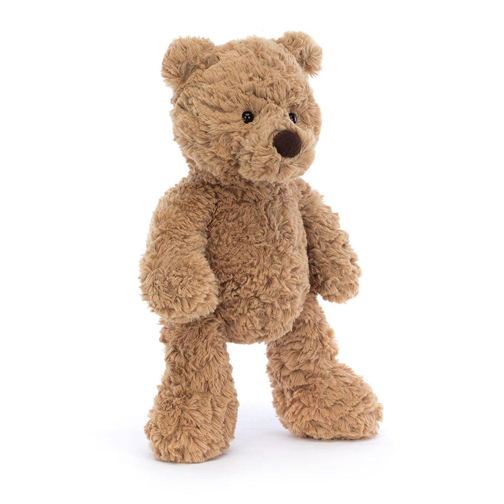 Jellycat Bumbly Bear sitting height illustrates a cozy, portable companion