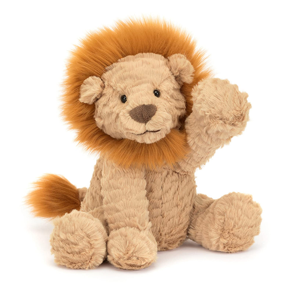 Jellycat Fuddlewuddle Lion with amber mane, a regal companion for imaginative play.