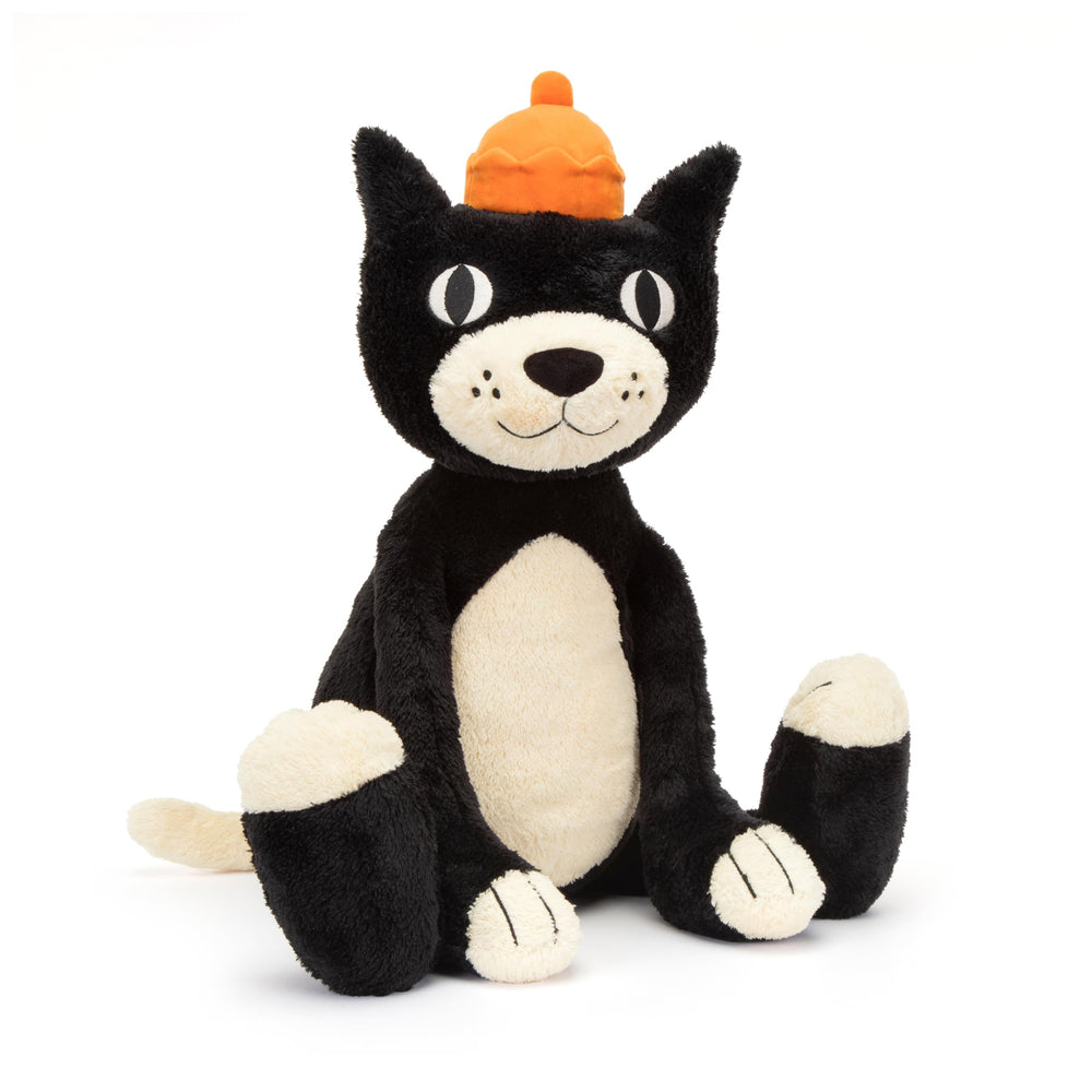 Jellycat Jack plush with black fur and orange crown, perfect cuddle buddy