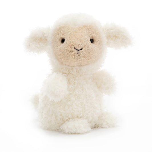Jellycat Little Lamb front view plush, ideal cuddly travel companion.
