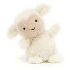 Jellycat Little Lamb side view, compact snuggle buddy for bags.
