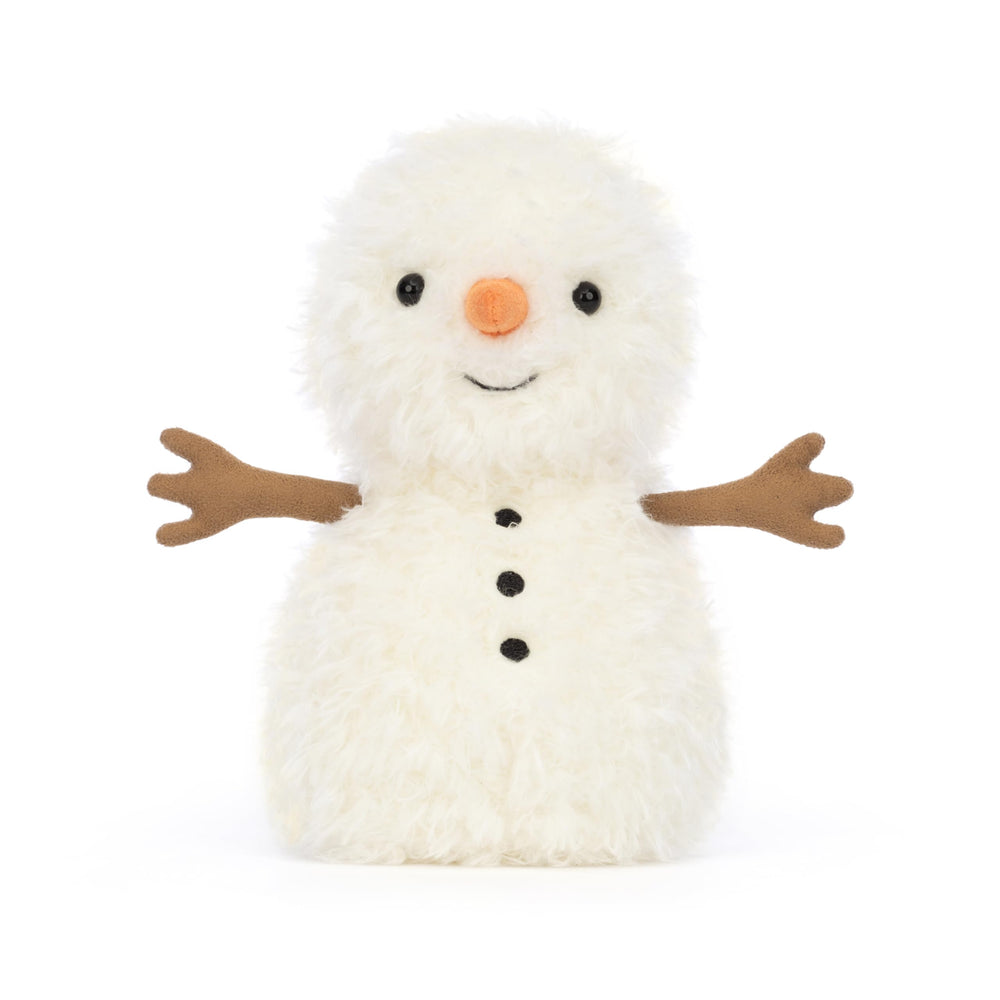 Jellycat Little Snowman bean-base and embroidered buttons support upright display