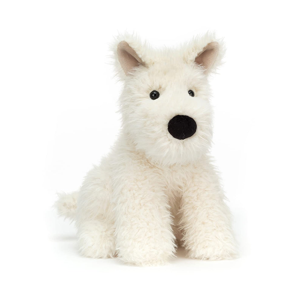 Jellycat Munro Scottie Dog plush front view, soft cuddle buddy for kids.