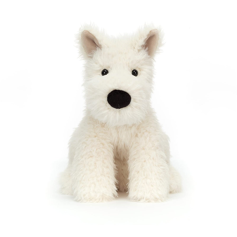 Jellycat Munro Scottie Dog plush sitting pose, ideal for storytelling and nursery decor.