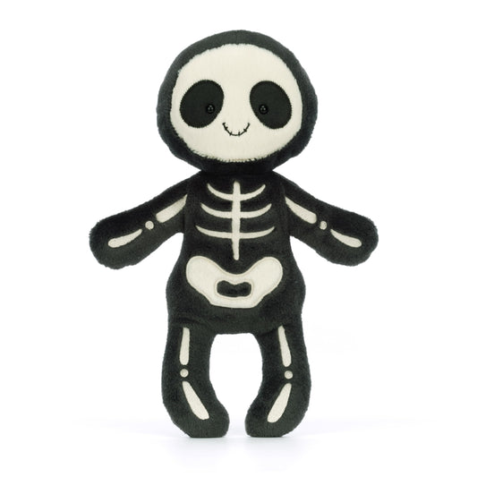 Jellycat Skeleton Bob smiling face, friendly spooky plush for hugs.
