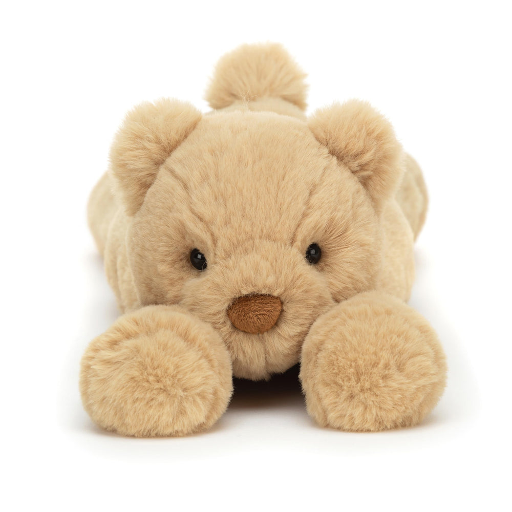 Jellycat Smudge Bear honey fur texture highlights soft plush for soothing snuggles.