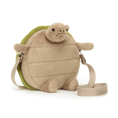 Jellycat Timmy Turtle crossbody front view, grumpy charm, ideal for everyday errands.
