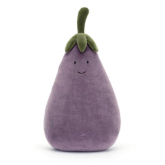 Jellycat Vivacious Aubergine plush with a cheerful face detail for storytelling.