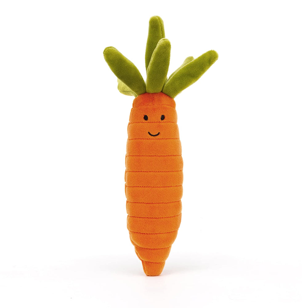 Jellycat carrot plush close-up highlighting soft materials and tactile texture.