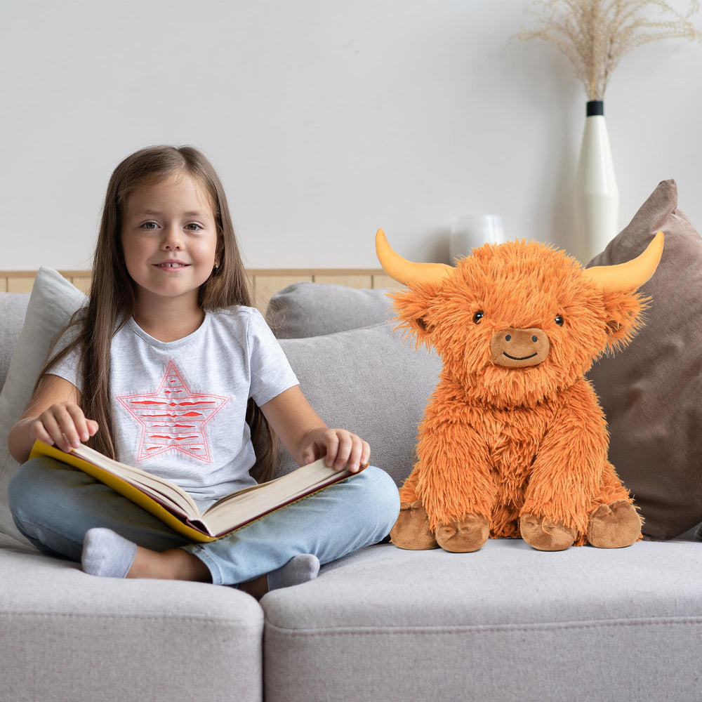 JellyMallow Highland Cow plush fabric close-up shows soft texture.