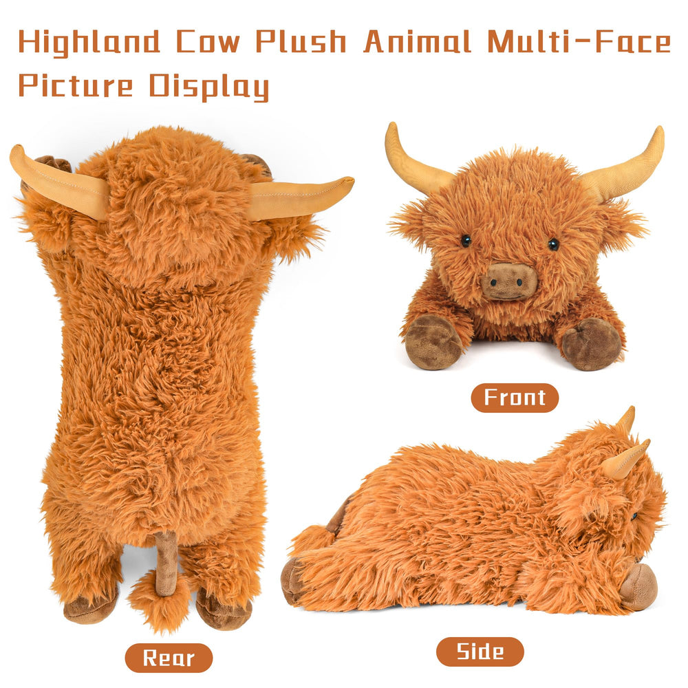Front view of JellyMallow Highland Cow weighted plush with fluffy fur.