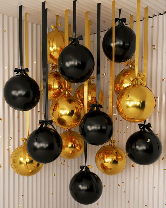 Jenaai 22-inch black-gold round foil balloons for elegant ceiling decor and festive celebrations.