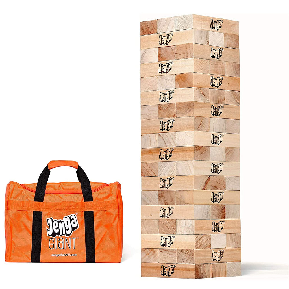 Jenga GIANT JS7 blocks show rich hardwood texture for durable outdoor play.