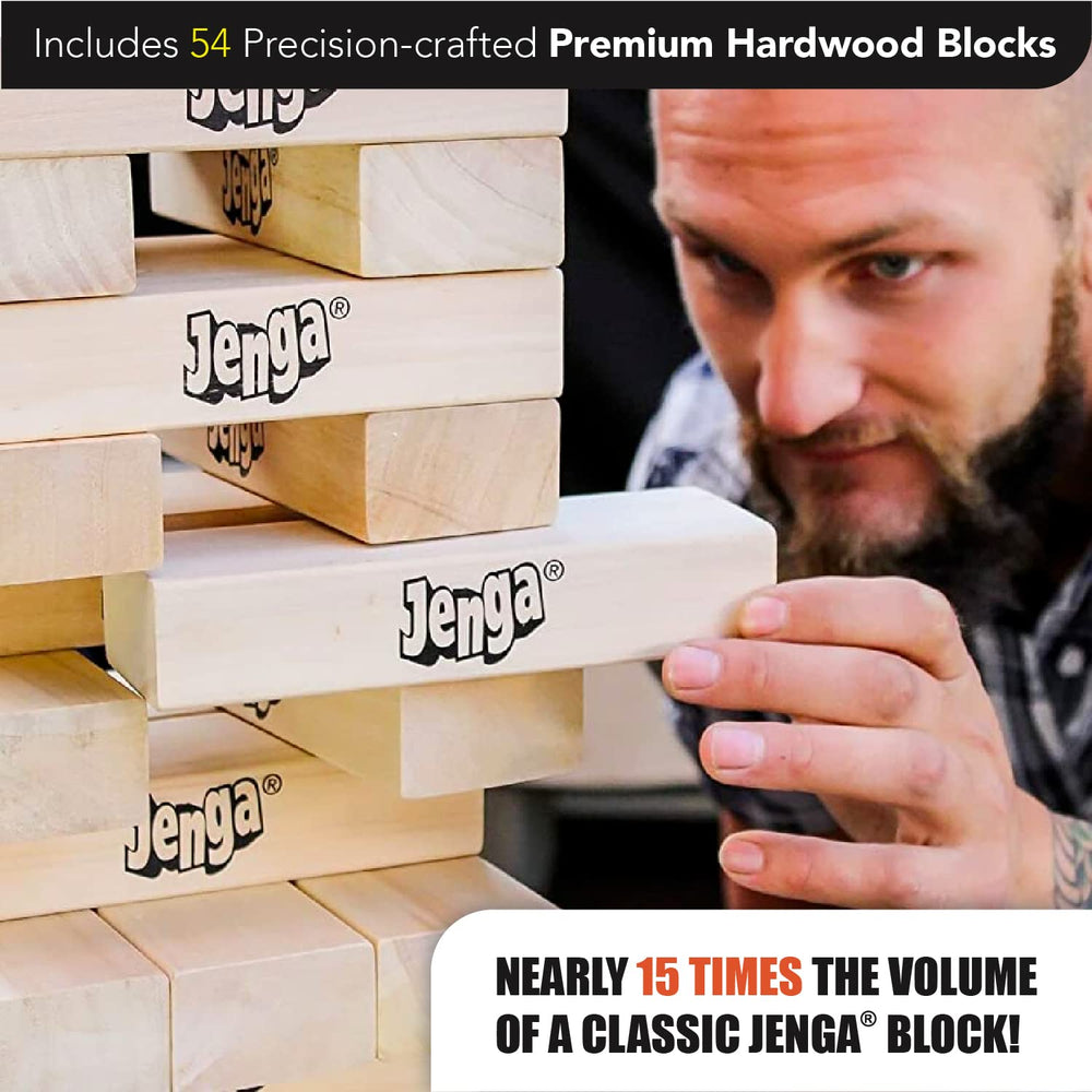 Jenga GIANT JS7 blocks packed in portable carry bag for travel.