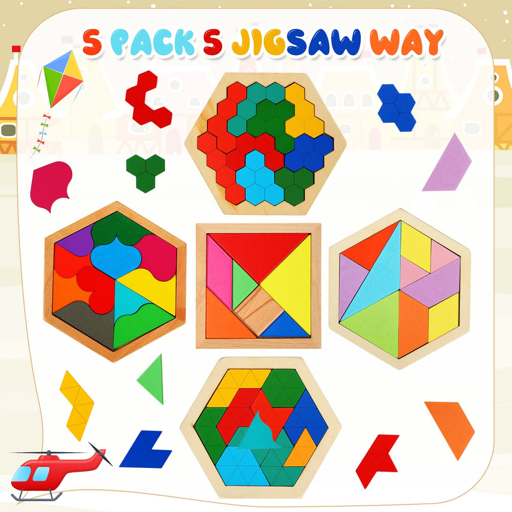 Jerify wooden hexagon puzzle pieces in bright colors support pattern recognition and creativity.