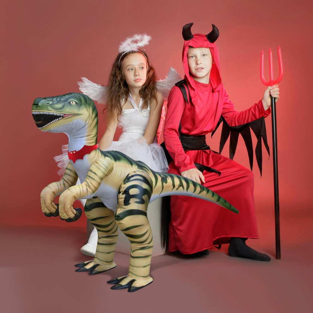 Jet Creations Velociraptor inflatable used as party decor.