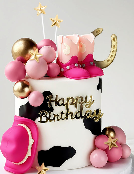 JeVenis pink cowgirl boots cake topper adds playful Western charm to celebrations.