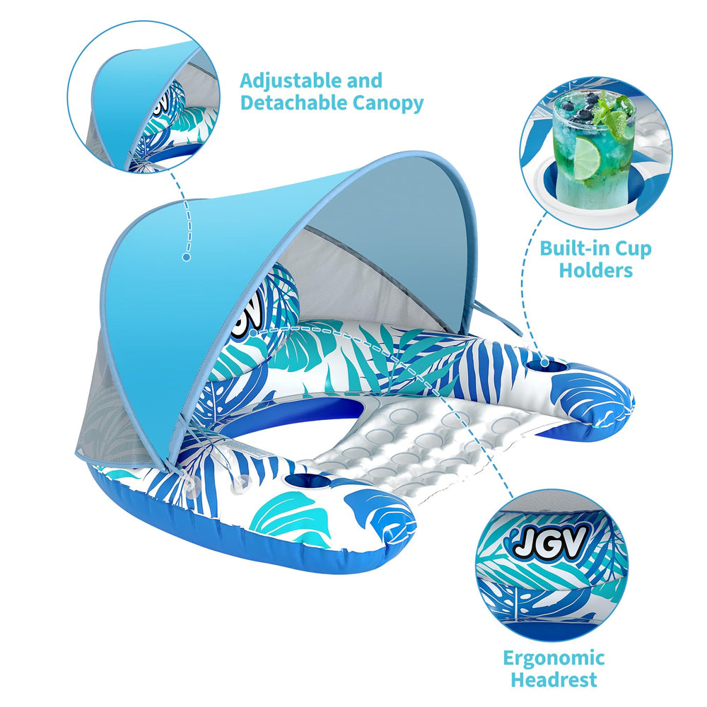 JGV pool float features an ergonomic headrest for comfortable lounging.