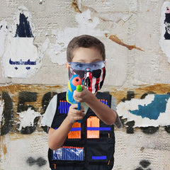 JGCWorker kid wearing vest during indoor Nerf game demonstrates breathable comfort.