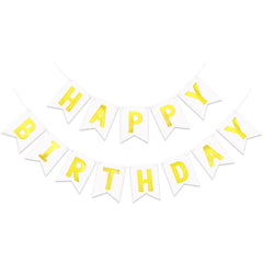 JHZMCRX White Happy Birthday Banner with shiny gold letters for a festive backdrop