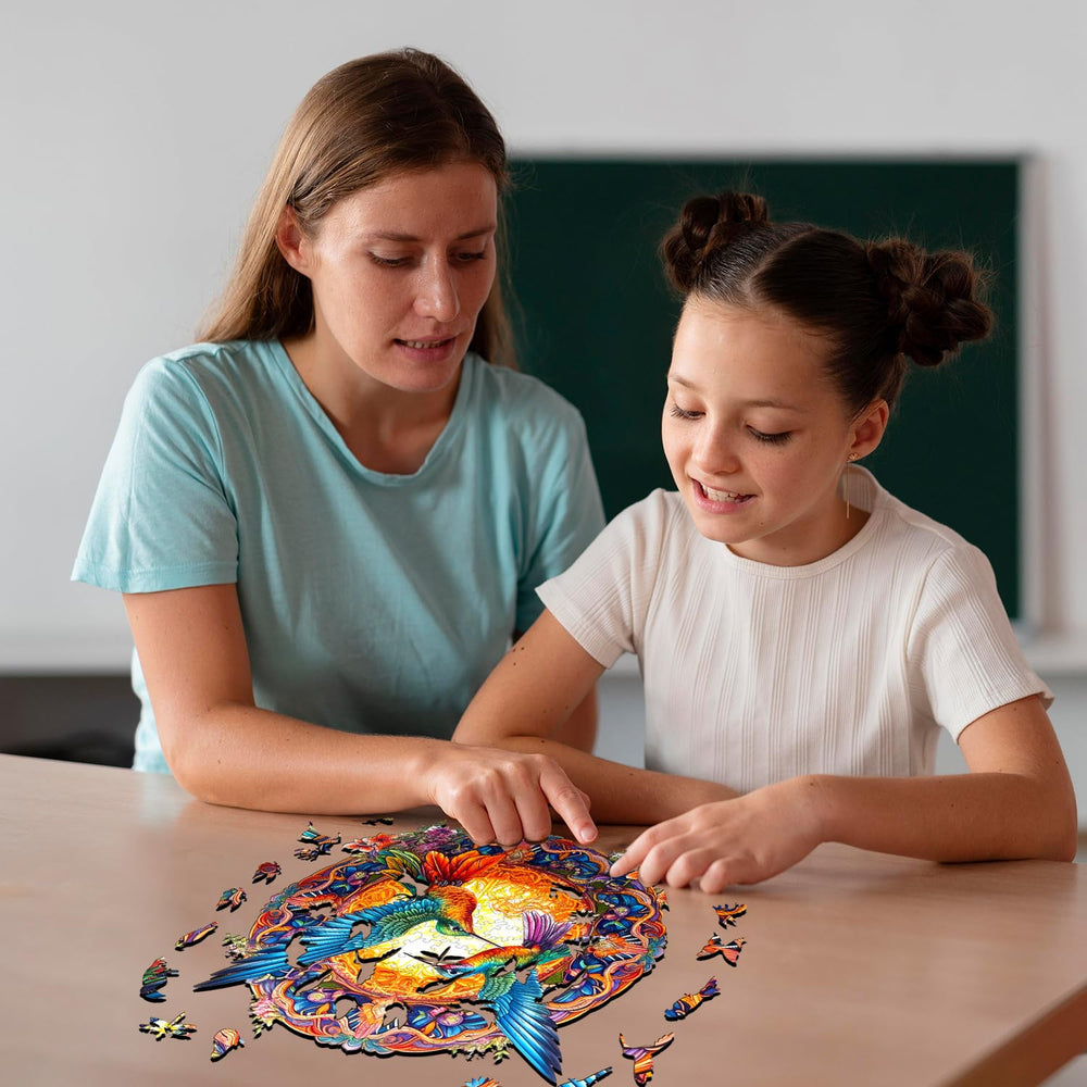 Jigfoxy hummingbird puzzle assembled on wall doubles as nature-inspired decor