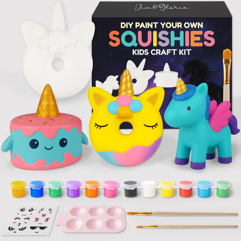 Jim&Gloria Paint Your Own Squishies kit front view with three large customizable squishies