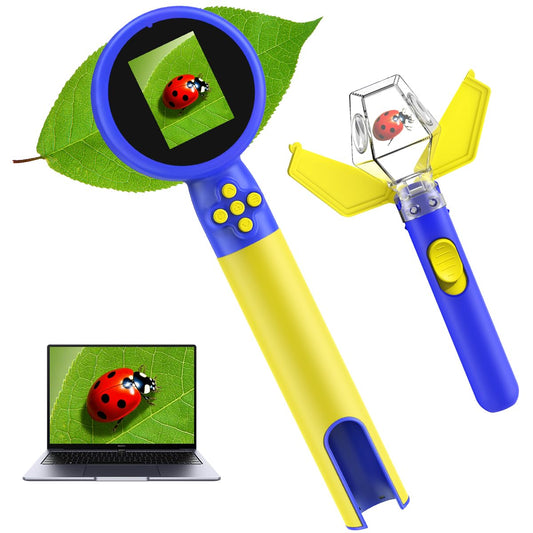 Jimzoo kids microscope with bug catcher kit shows insect details at 200xβ500x magnification.