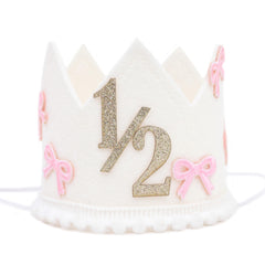Jissoo Bow pink half birthday crown for adorable cake smash photos.