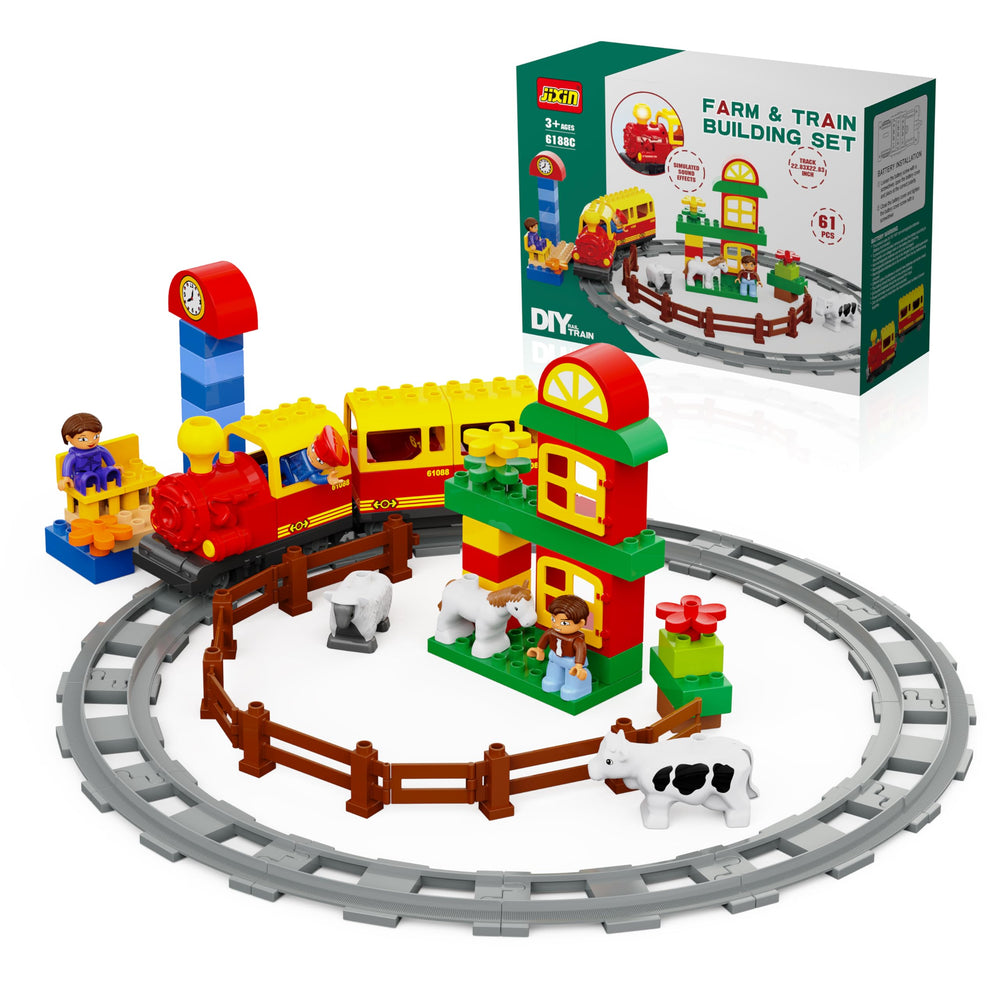 JIXIN electric train with farm animals and modular tracks for imaginative play.