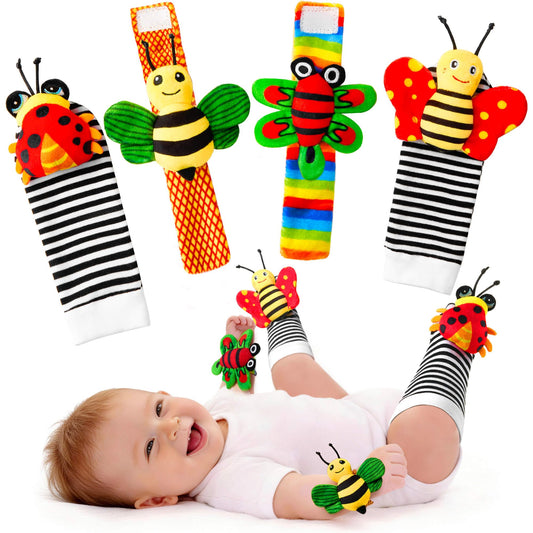 JKHEPL baby rattle socks worn on the wrist promote sensory play.