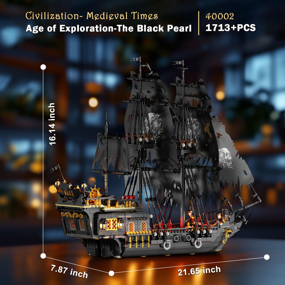 JMBricklayer Pirate Ship display-ready design enhances desk or shelf decor.
