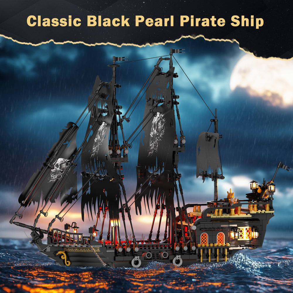 JMBricklayer Pirate Ship hull and sails create a dramatic silhouette for home display.