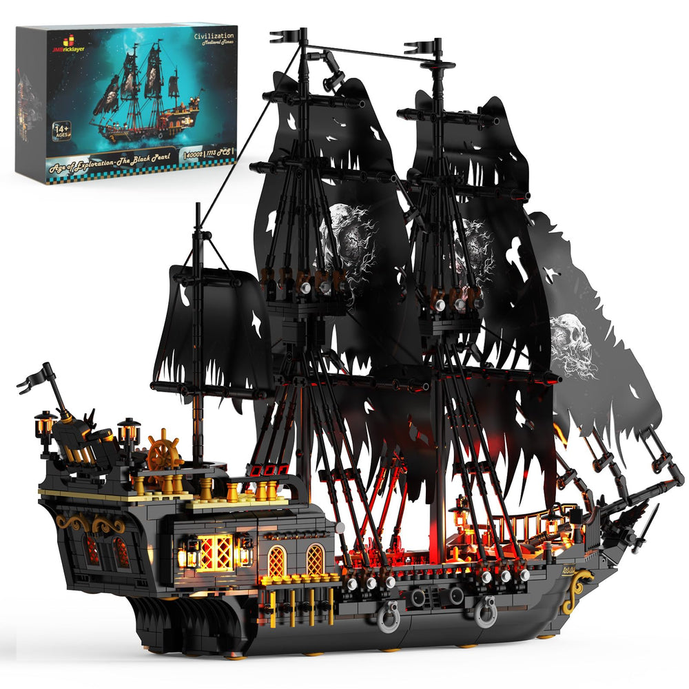 JMBricklayer Pirate Ship with Lights showcases warm LEDs for immersive display.