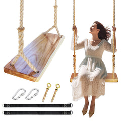 JMZOO wooden swing seat in backyard for family relaxation