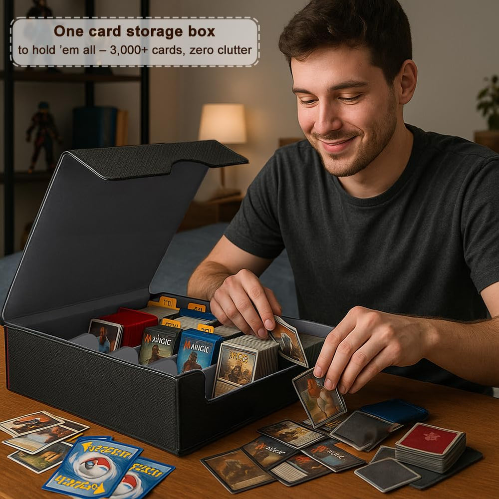 JNLODGE trading card storage box open lid reveals spacious interior with dividers for quick organization.
