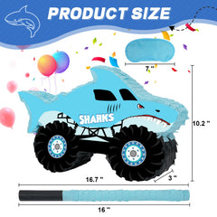 JOARHONAL pinata close-up shows detailed shark truck features and bold colors