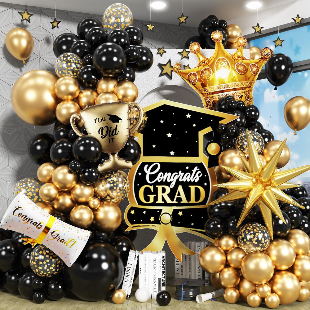 Jobkoo graduation arch with gold and black balloons creates a stylish Class of 2025 backdrop.
