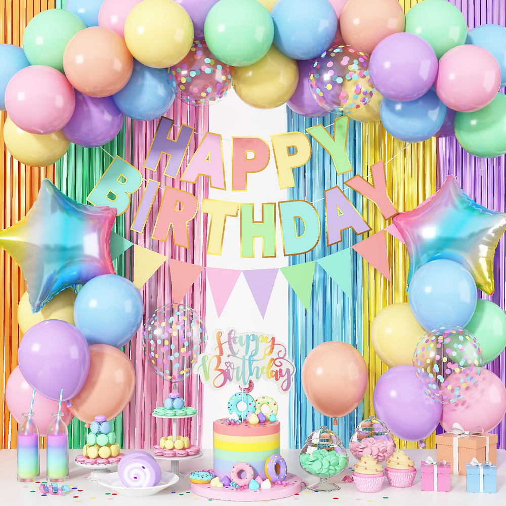 Jobkoo pastel birthday decoration kit contents create a vibrant party backdrop.