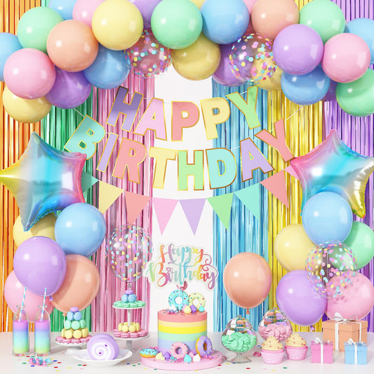 Jobkoo pastel birthday decoration kit contents create a vibrant party backdrop.