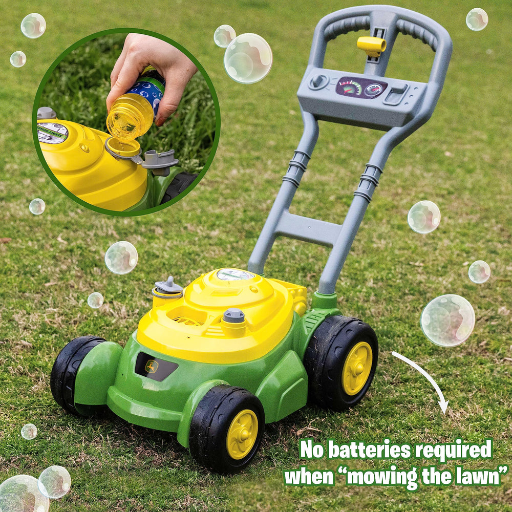 John Deere bubble lawn mower in push action delivering bubbles