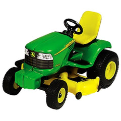 John Deere lawn tractor with authentic decoration in green and yellow for farm scene recreation.