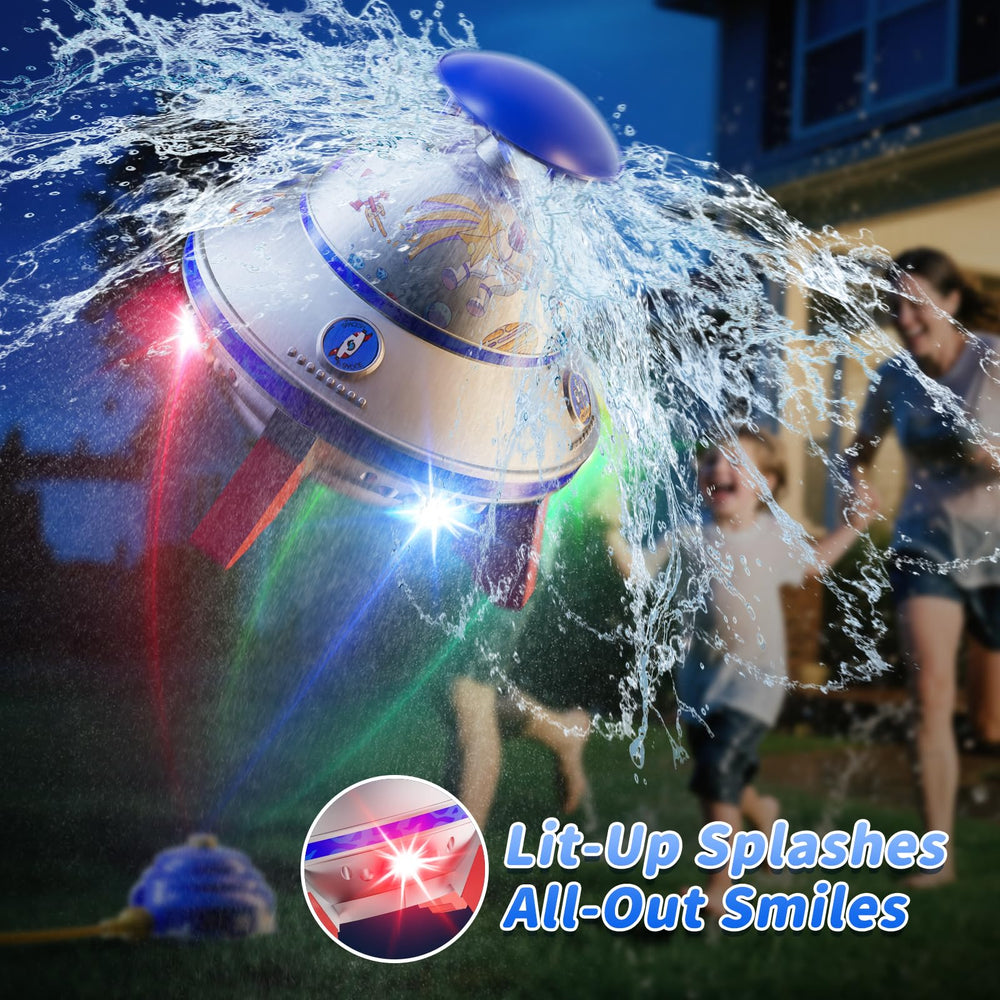 360-degree spin creates immersive water arc for active sprinkler play.