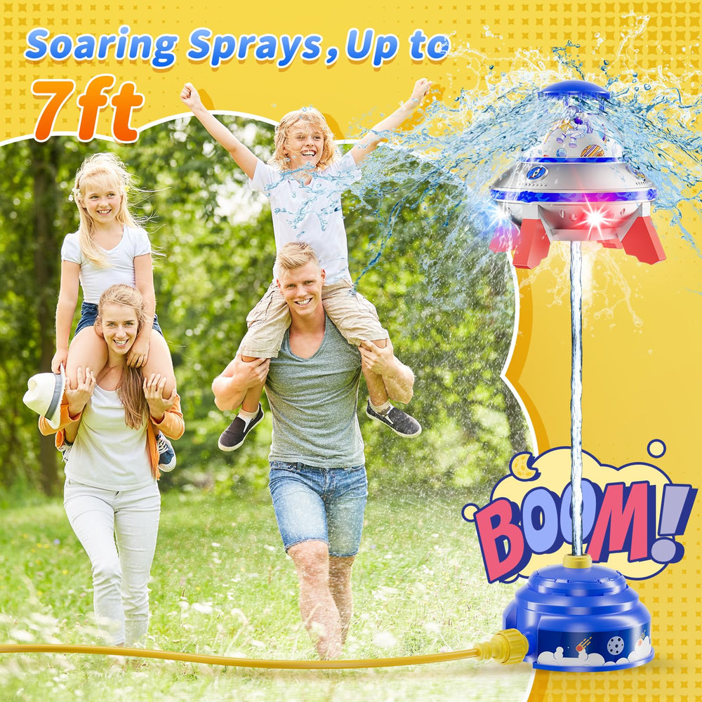 DIY space stickers on JOI MEW sprinkler spark creativity during backyard water fun.